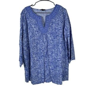 Carole Little Woman Blue White V-Neck 3/4 Sleeve Pullover Blouse Size 2X #0111